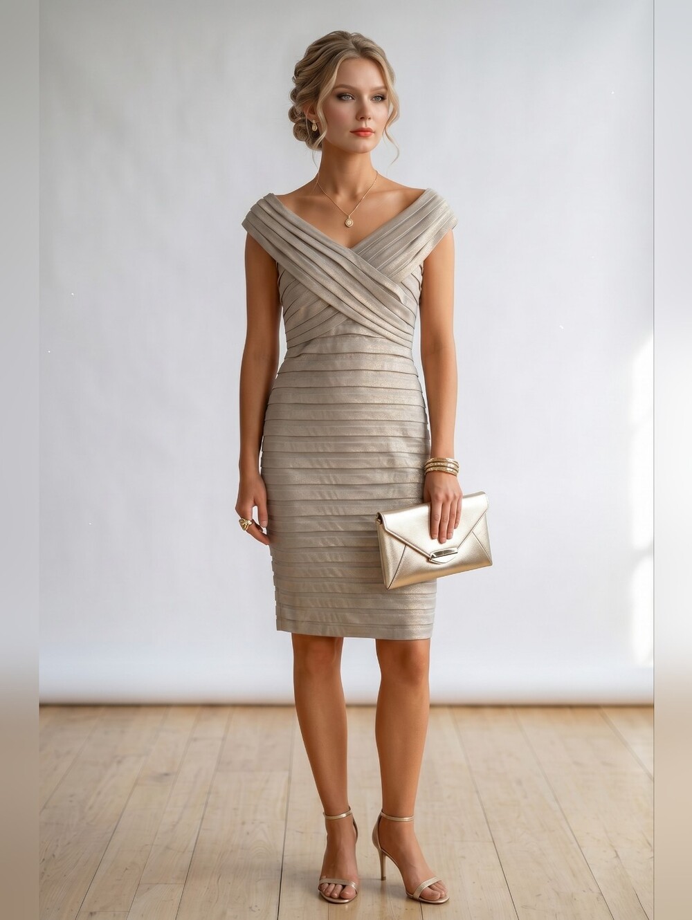 Tadashi Collection Champagne Pleated Off-Shoulder Cocktail Dress Size S